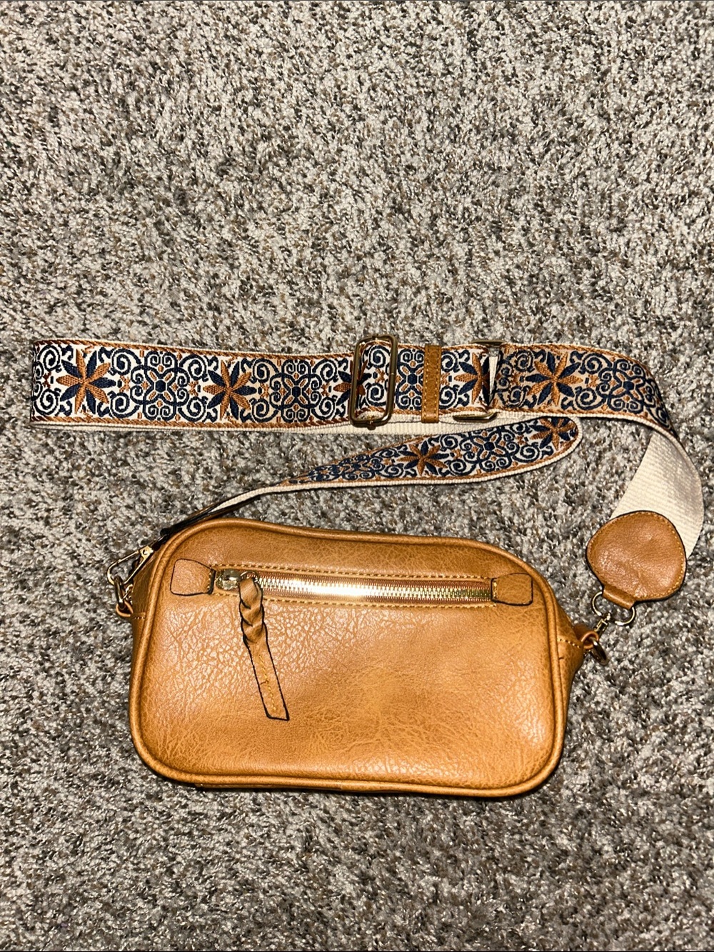 Women's Tan Leather Crossbody Bag with Embroidered Strap